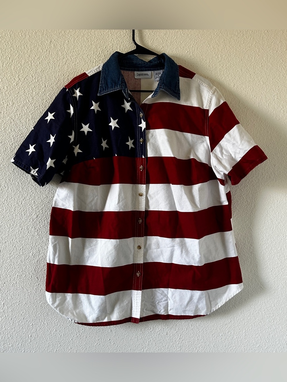 Capistrano American Flag Print Button Up Denim Collar Women’s 18 Red White Blue